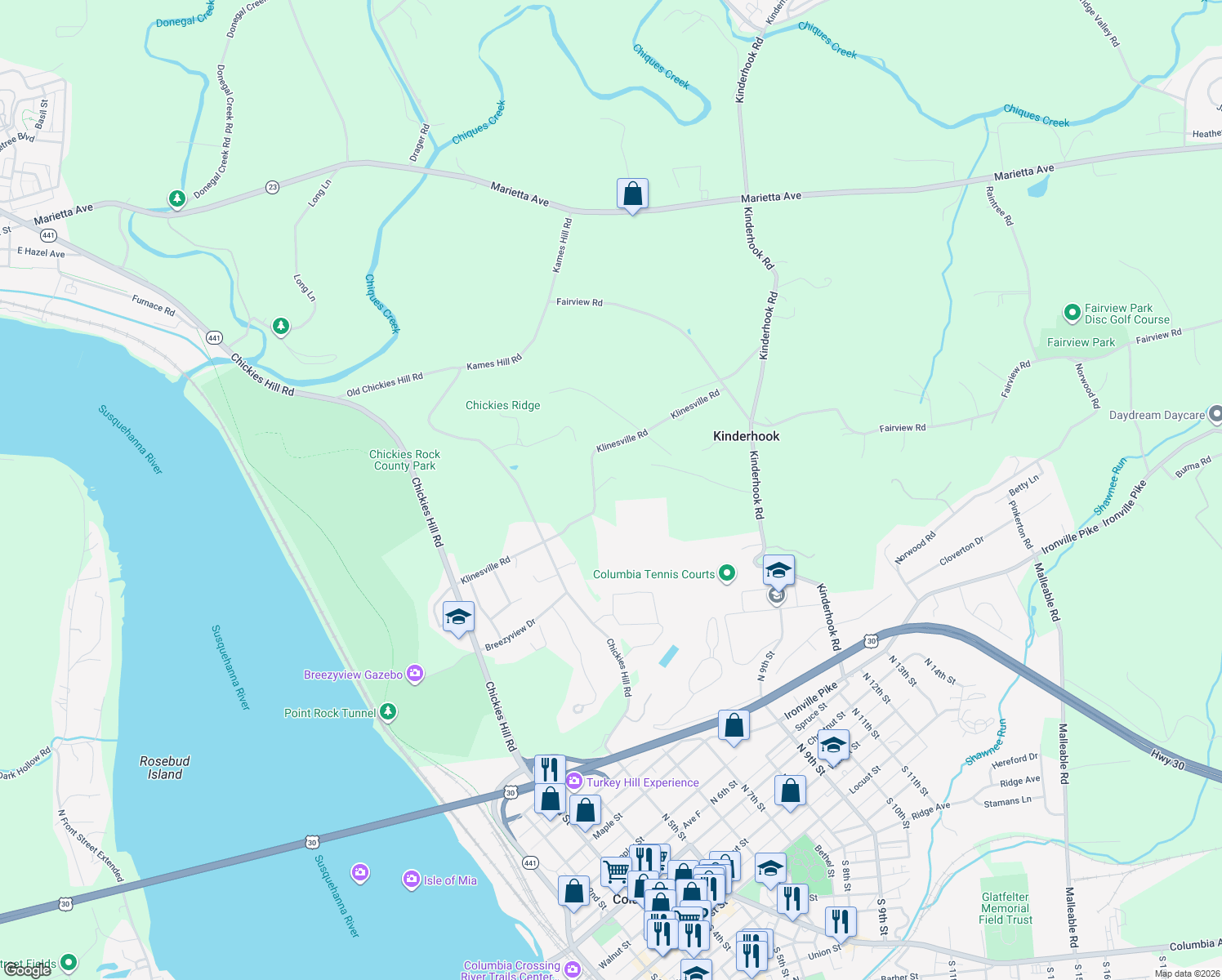 map of restaurants, bars, coffee shops, grocery stores, and more near 4580 Klinesville Road in Columbia