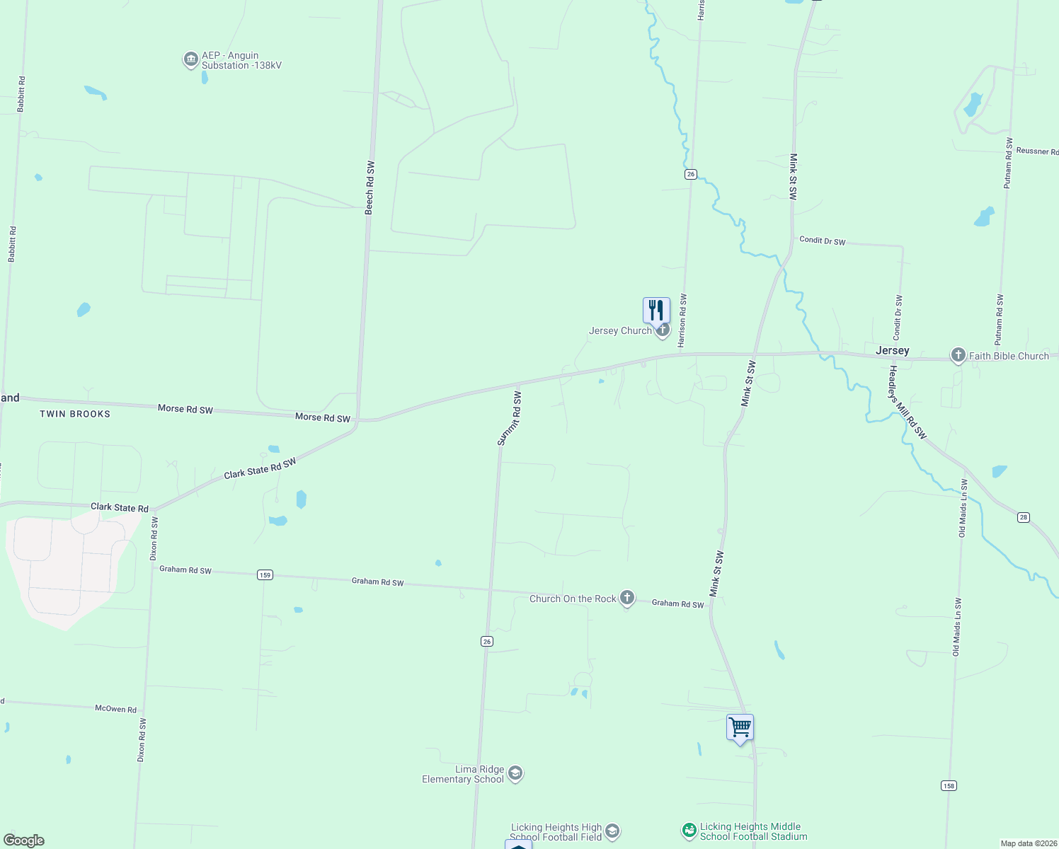 map of restaurants, bars, coffee shops, grocery stores, and more near 2623 Summit Road Southwest in Pataskala