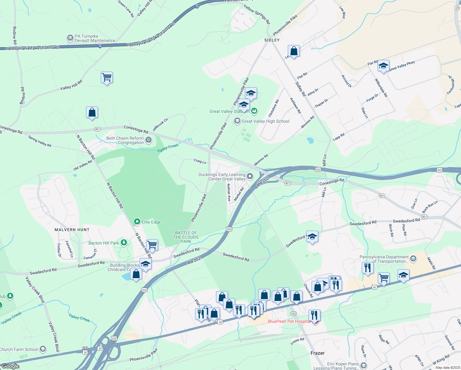 map of restaurants, bars, coffee shops, grocery stores, and more near 33 Kelmar Avenue in Malvern