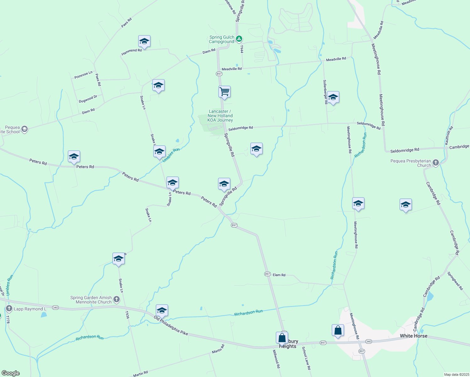 map of restaurants, bars, coffee shops, grocery stores, and more near 277 Springville Road in Kinzers