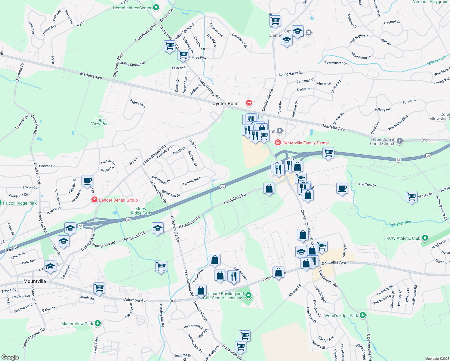 map of restaurants, bars, coffee shops, grocery stores, and more near 3040 Todd Lane in Lancaster