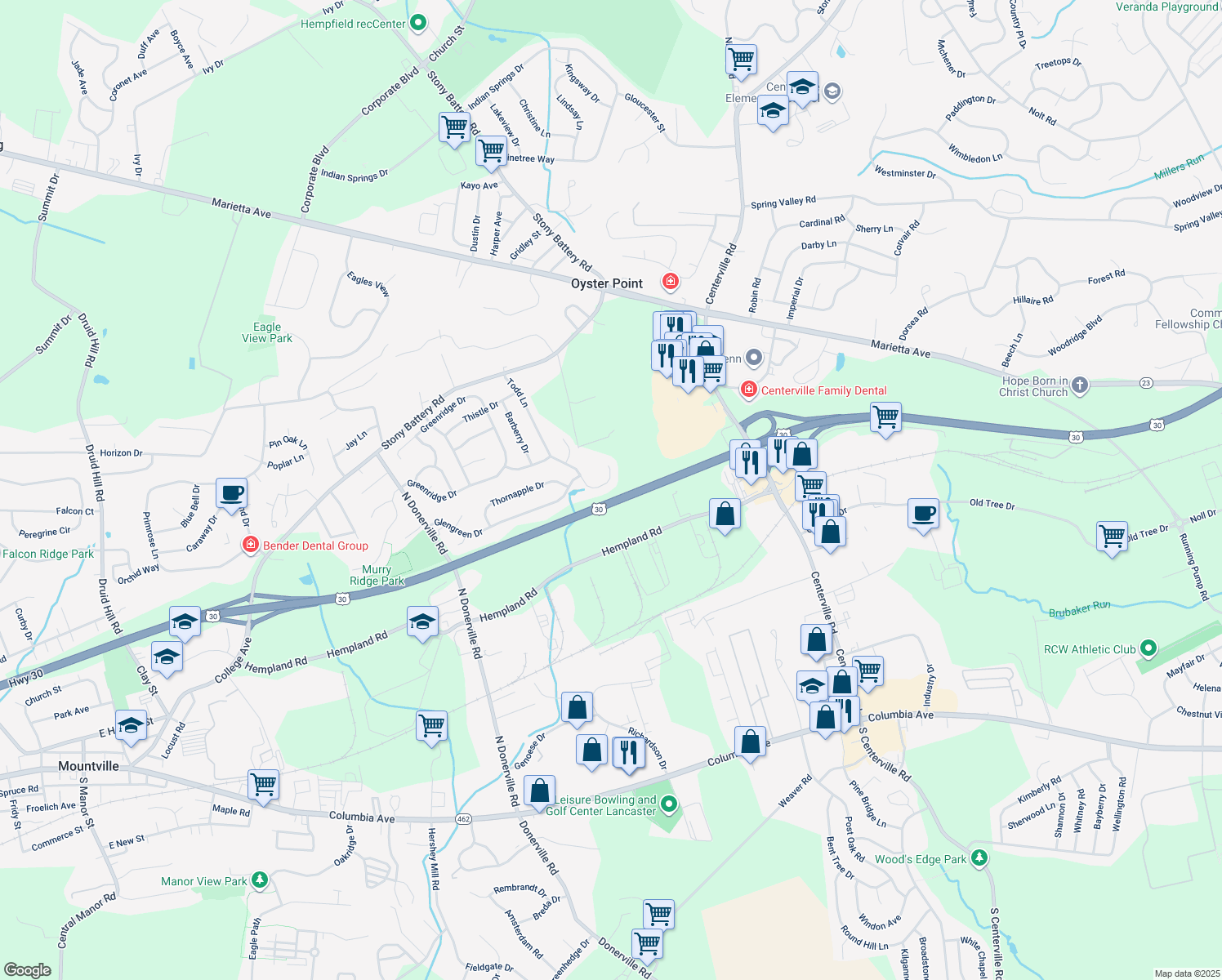 map of restaurants, bars, coffee shops, grocery stores, and more near 3038 Todd Lane in Lancaster