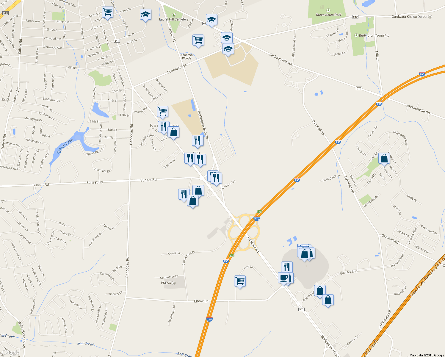 map of restaurants, bars, coffee shops, grocery stores, and more near 1498 Burlington Bypass in Burlington Township