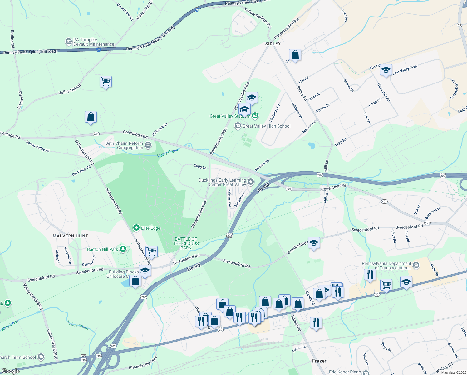 map of restaurants, bars, coffee shops, grocery stores, and more near 30 Rickmar Lane in Malvern