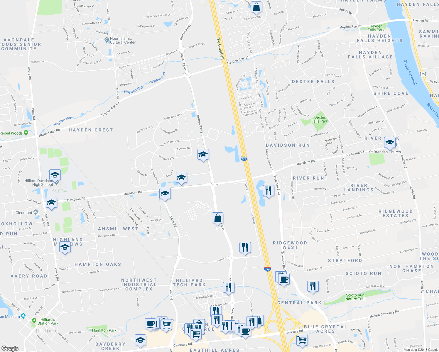 map of restaurants, bars, coffee shops, grocery stores, and more near 4770 Britton Parkway in Hilliard