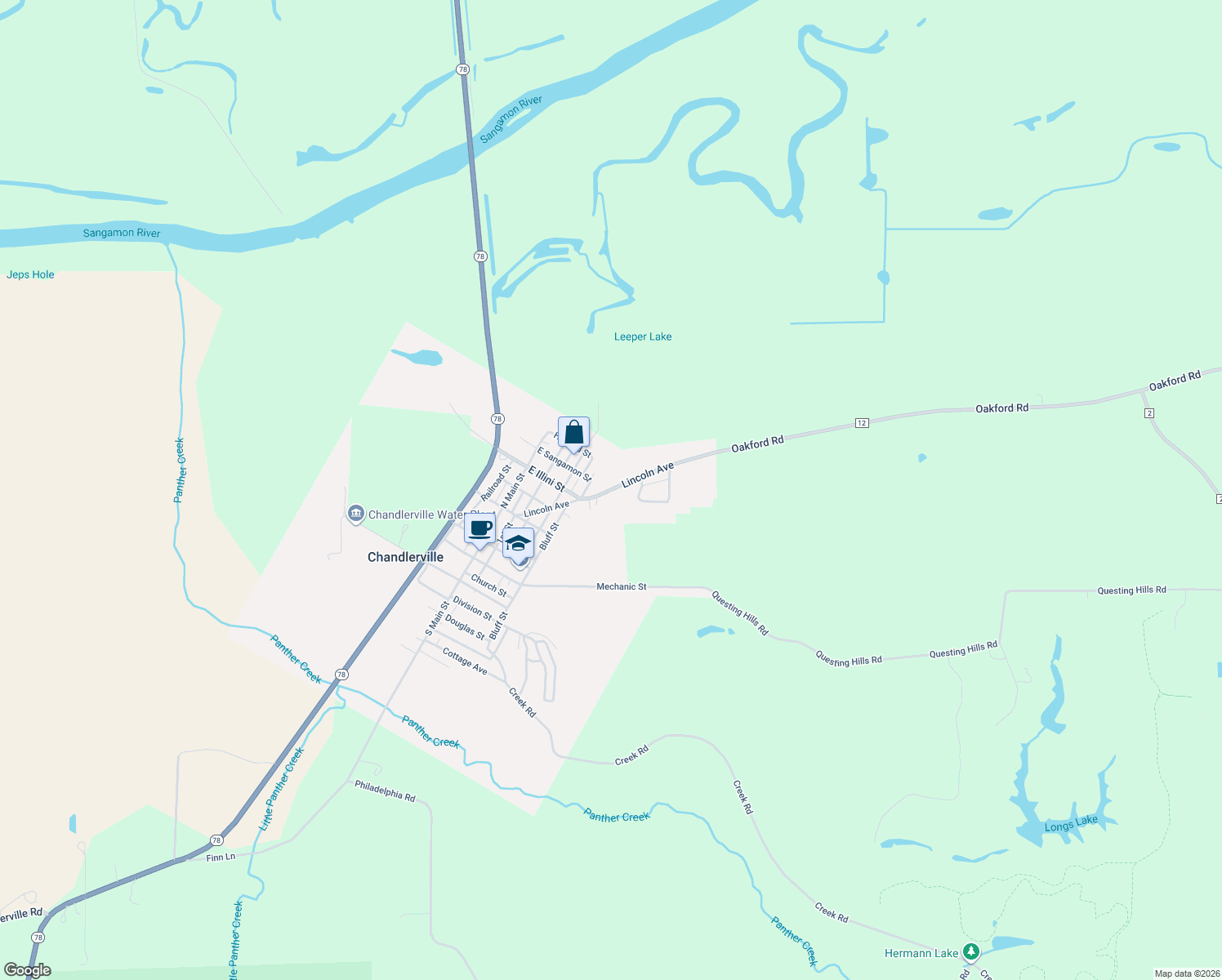 map of restaurants, bars, coffee shops, grocery stores, and more near Lincoln Avenue in Chandlerville