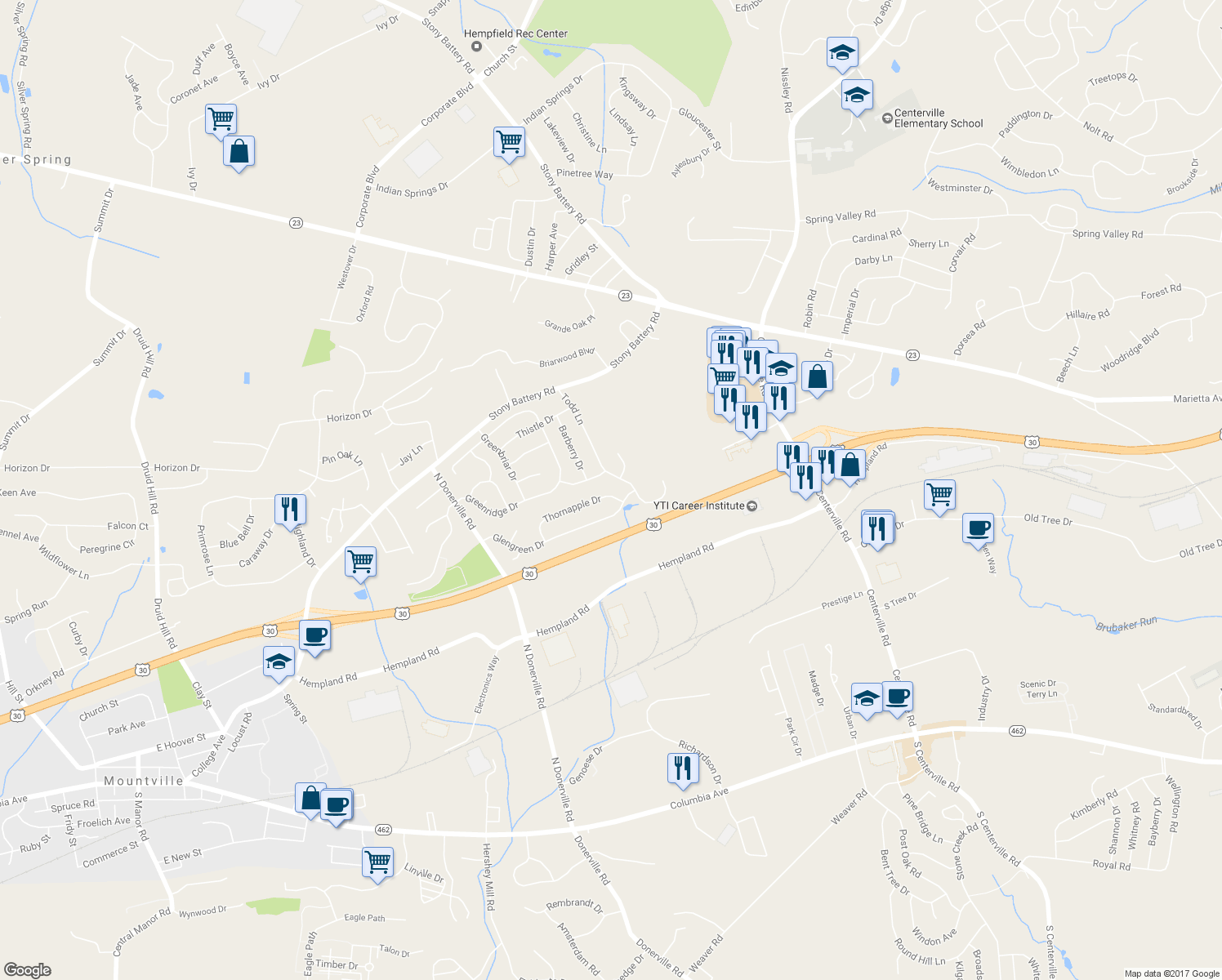 map of restaurants, bars, coffee shops, grocery stores, and more near 3161 Thornapple Drive in Lancaster
