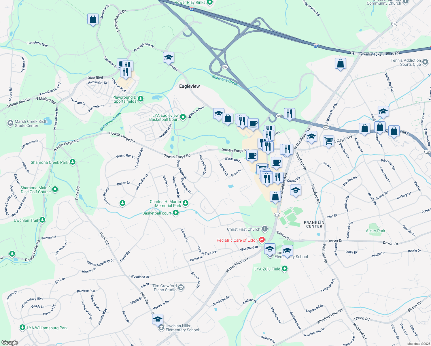 map of restaurants, bars, coffee shops, grocery stores, and more near 134 North Lynwood Lane in Exton