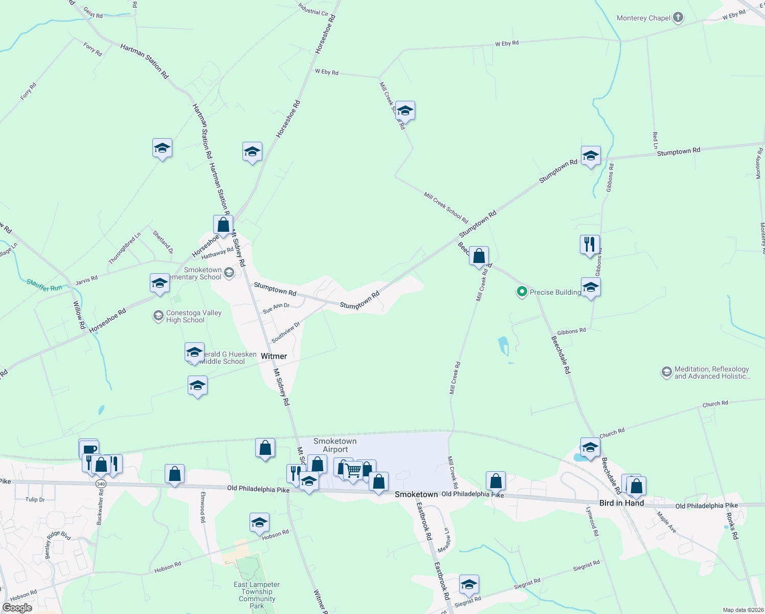 map of restaurants, bars, coffee shops, grocery stores, and more near 2402 Stumptown Road in Bird in Hand