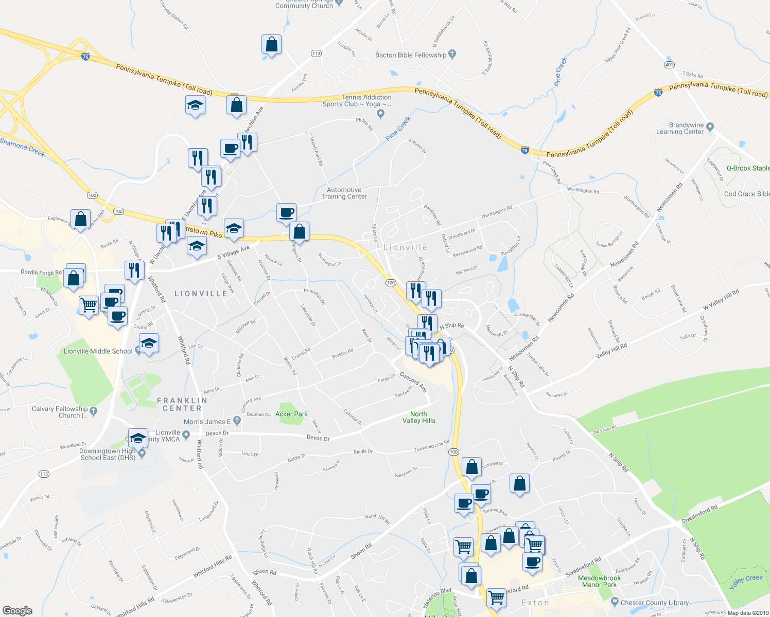 map of restaurants, bars, coffee shops, grocery stores, and more near 15 Surrey Way in Exton