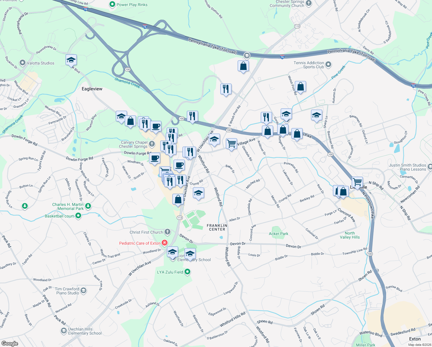 map of restaurants, bars, coffee shops, grocery stores, and more near 103 Crump Road in Exton