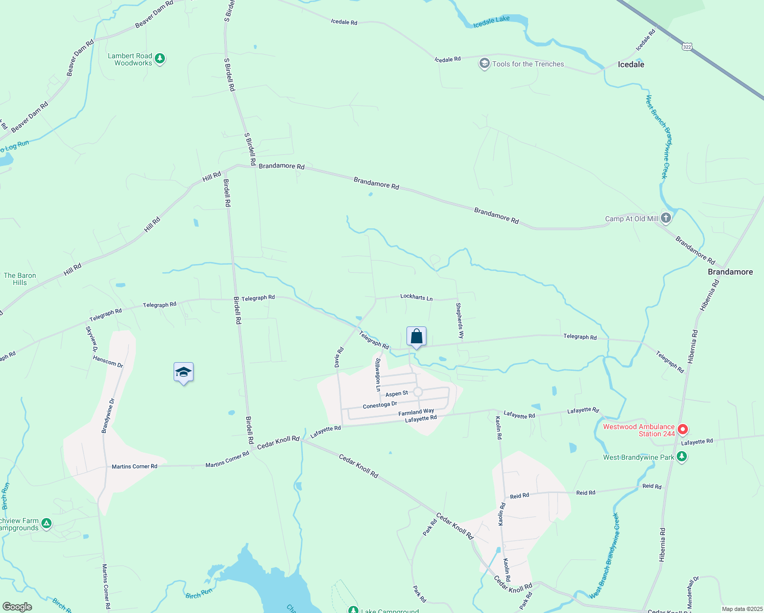 map of restaurants, bars, coffee shops, grocery stores, and more near 100 Lockharts Lane in Coatesville