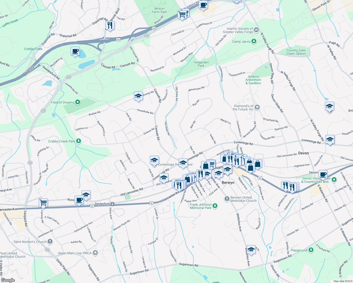 map of restaurants, bars, coffee shops, grocery stores, and more near 866 Old State Road in Berwyn