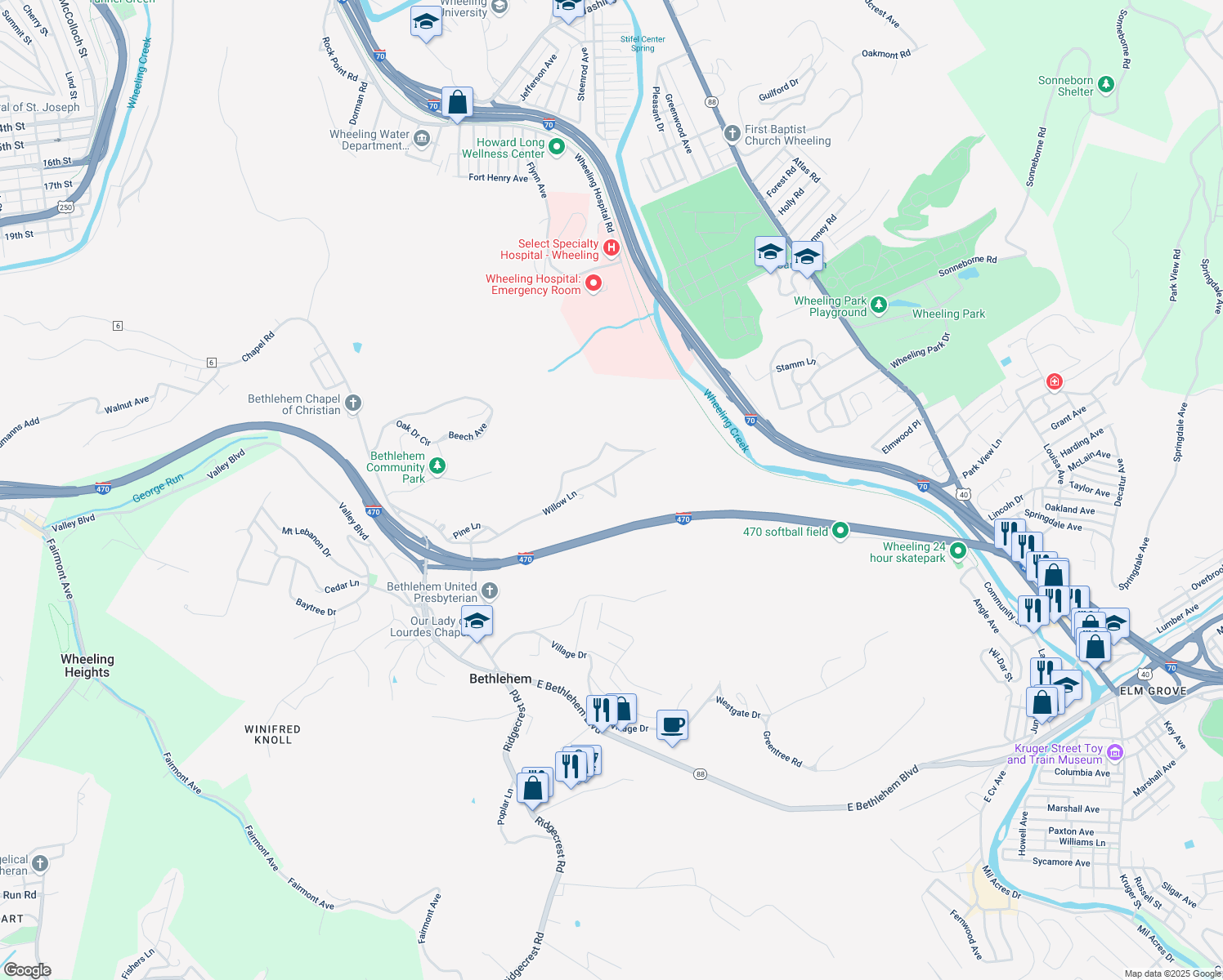 map of restaurants, bars, coffee shops, grocery stores, and more near 270 Willow Ln in Wheeling