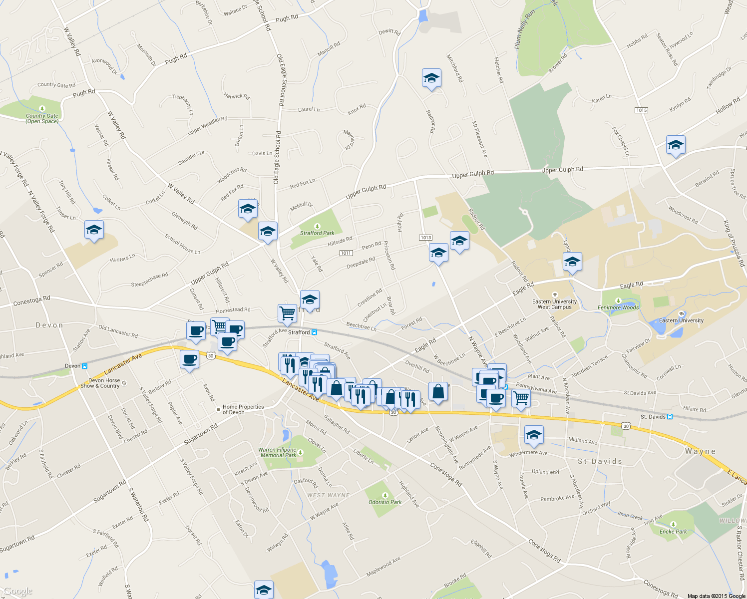 map of restaurants, bars, coffee shops, grocery stores, and more near 50 Crestline Road in Wayne