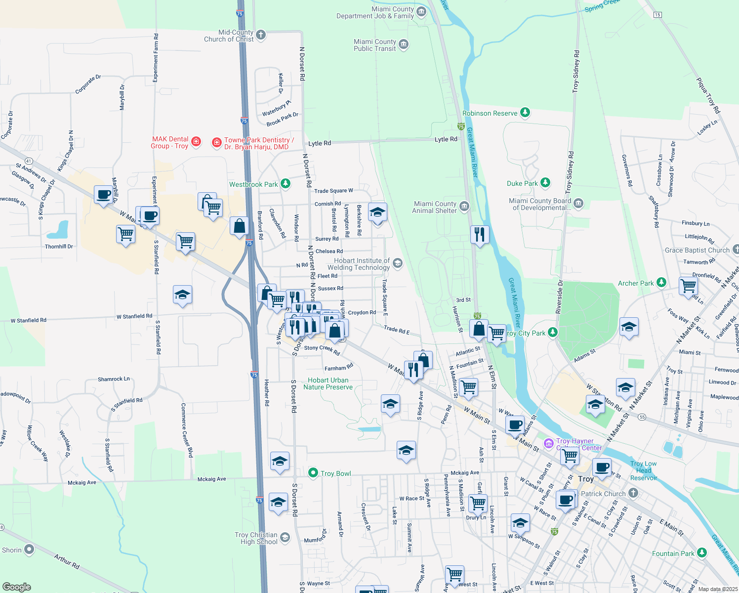 map of restaurants, bars, coffee shops, grocery stores, and more near 1303 Covent Road in Troy