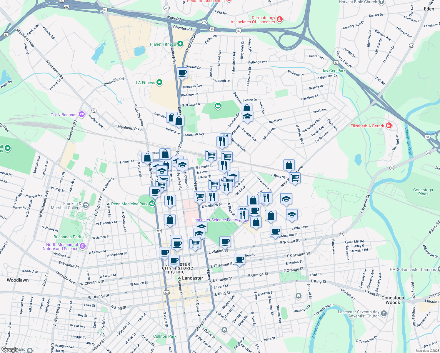 map of restaurants, bars, coffee shops, grocery stores, and more near 338 East Ross Street in Lancaster