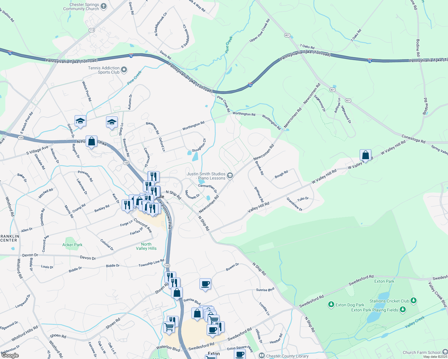 map of restaurants, bars, coffee shops, grocery stores, and more near 415 Newcomen Road in Exton