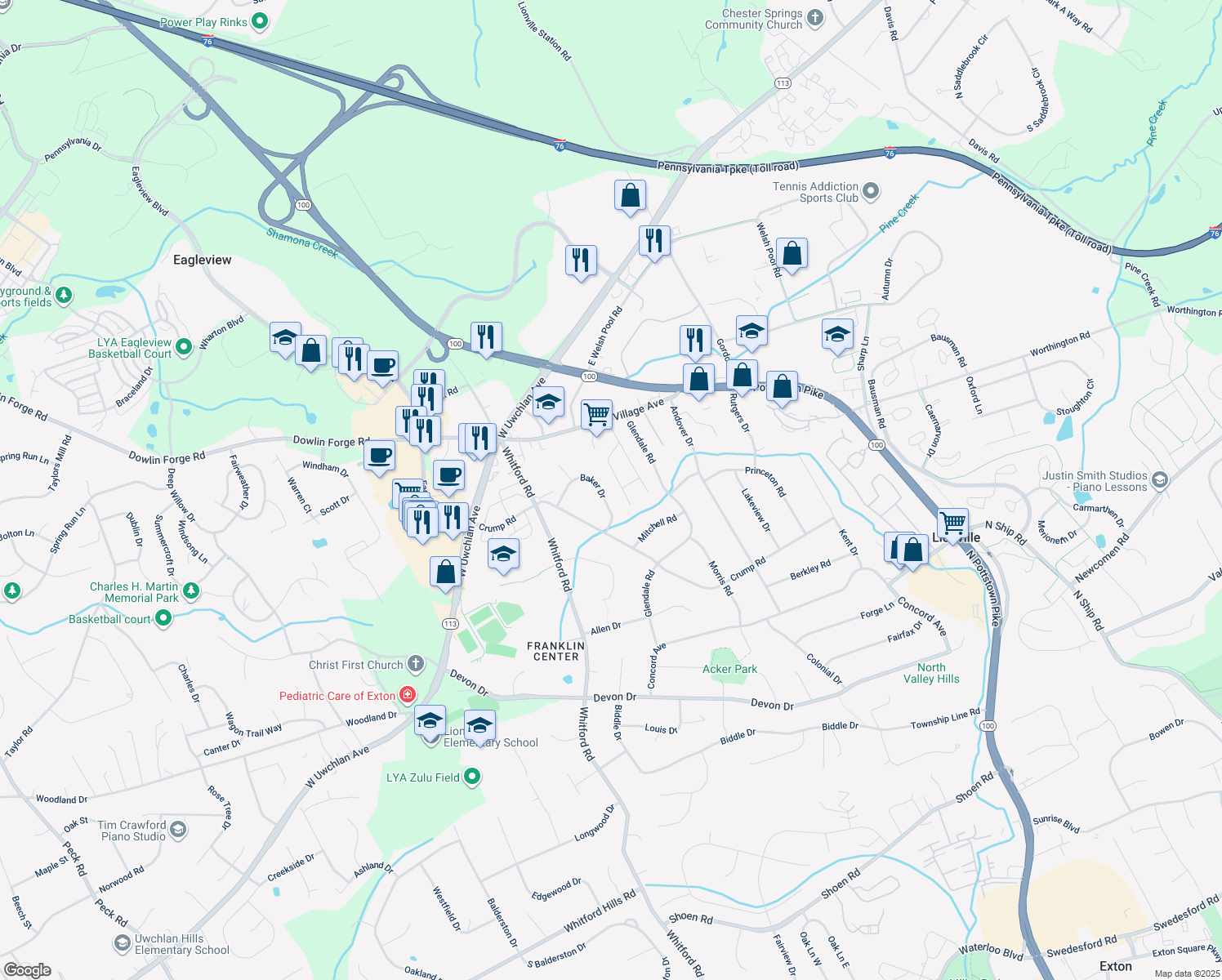 map of restaurants, bars, coffee shops, grocery stores, and more near 133 Baker Drive in Exton