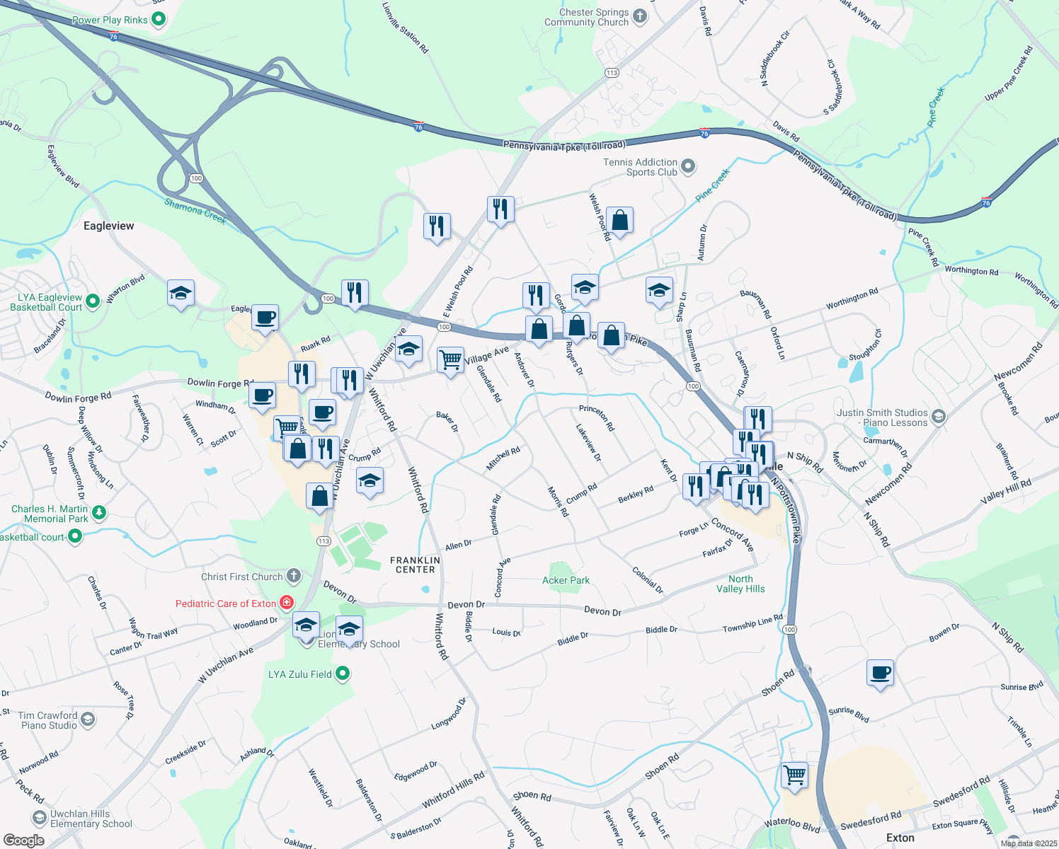 map of restaurants, bars, coffee shops, grocery stores, and more near 304 Cornell Drive in Exton