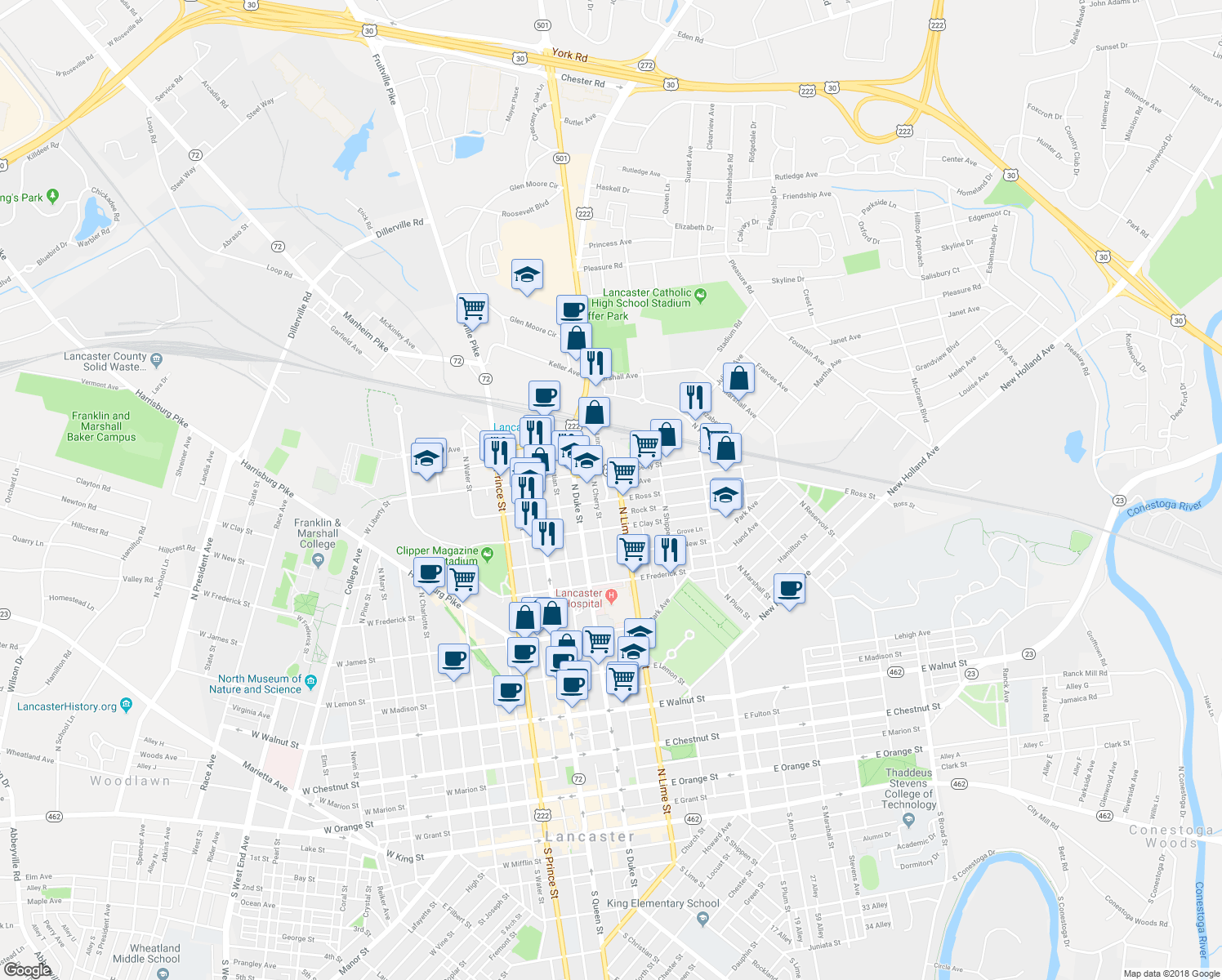 map of restaurants, bars, coffee shops, grocery stores, and more near 915 Lititz Avenue in Lancaster