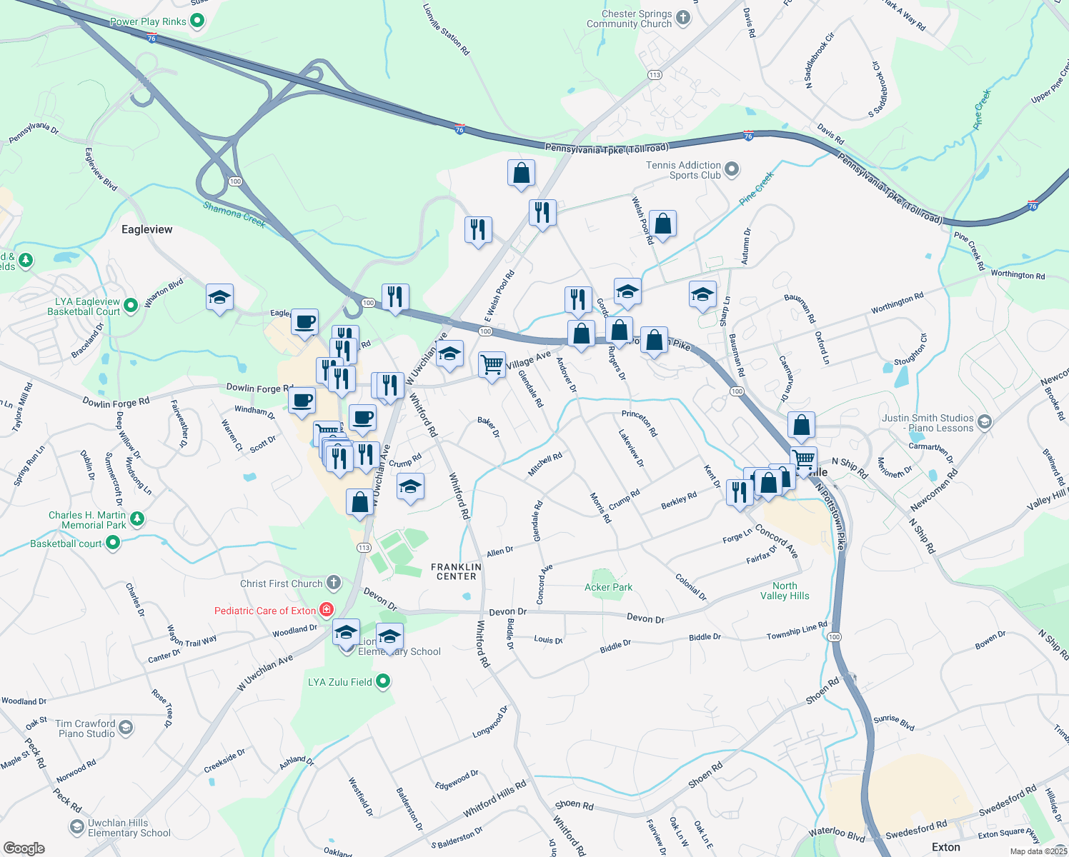 map of restaurants, bars, coffee shops, grocery stores, and more near 420 Village Walk in Exton