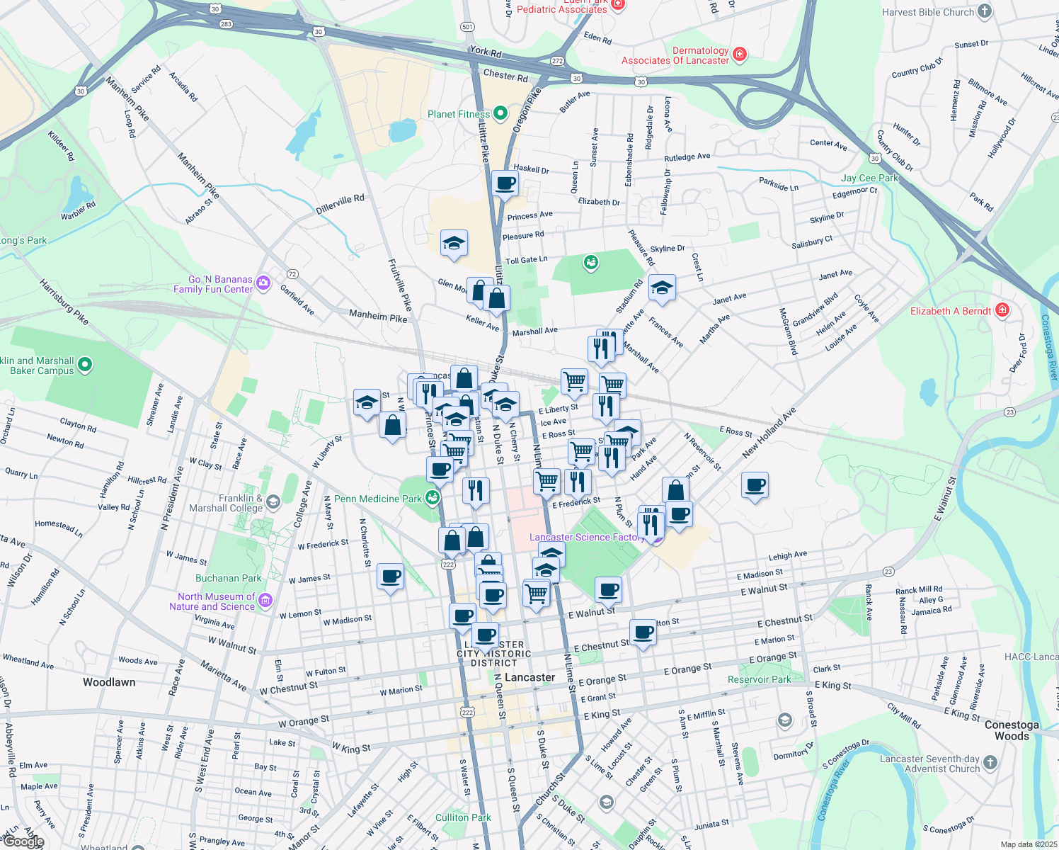 map of restaurants, bars, coffee shops, grocery stores, and more near 924 North Lime Street in Lancaster
