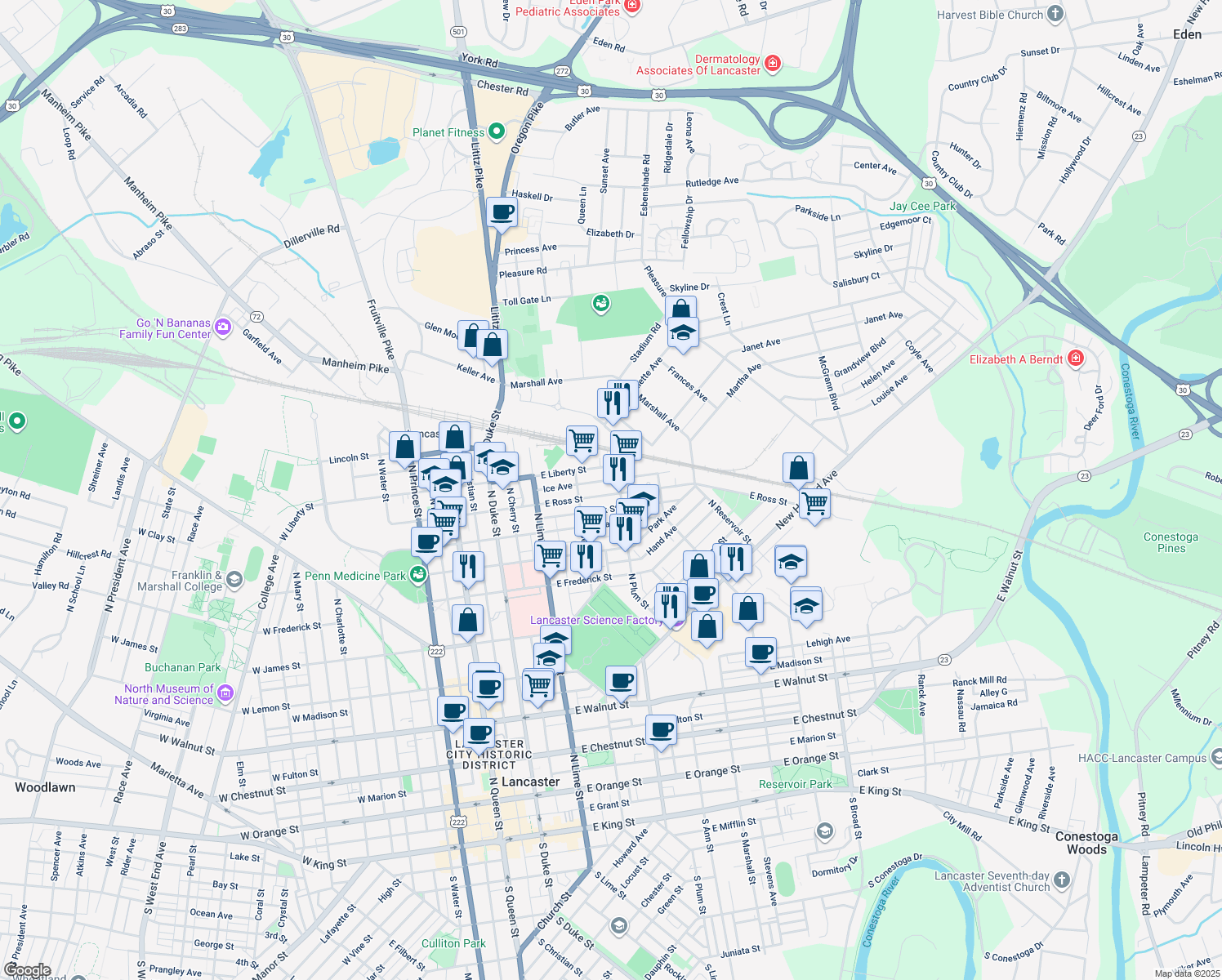 map of restaurants, bars, coffee shops, grocery stores, and more near 349 East Ross Street in Lancaster