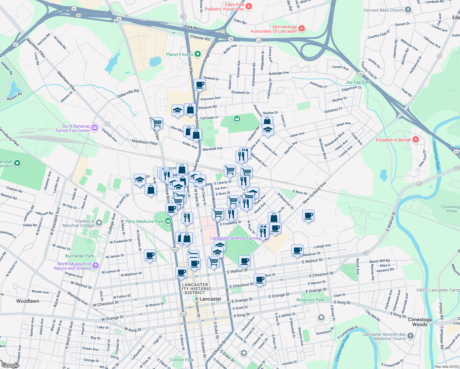 map of restaurants, bars, coffee shops, grocery stores, and more near 933 North Shippen Street in Lancaster