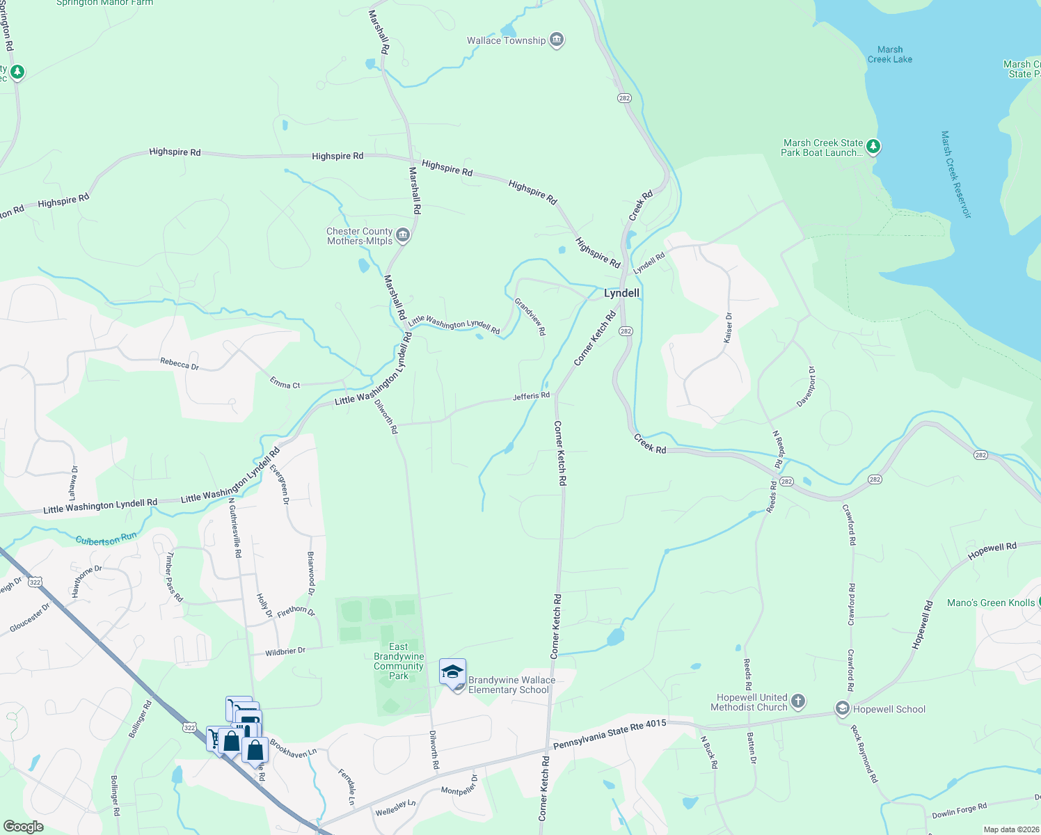 map of restaurants, bars, coffee shops, grocery stores, and more near 225 Jefferis Road in Downingtown