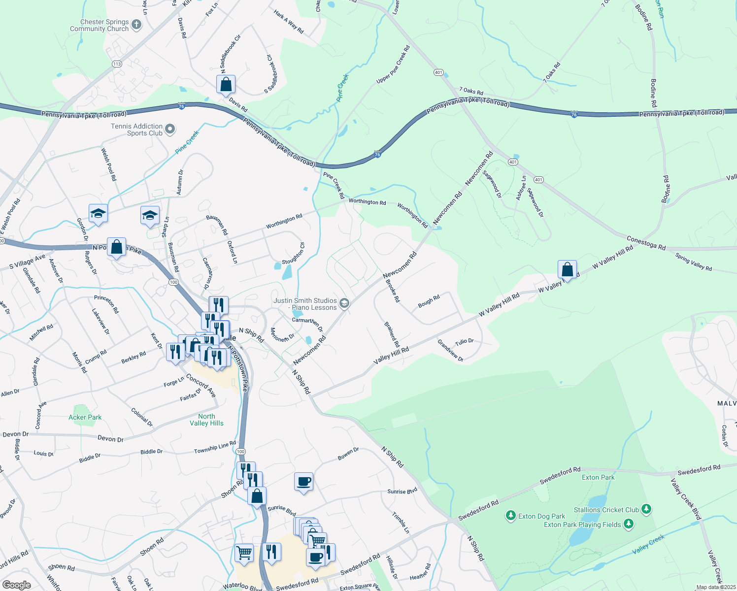 map of restaurants, bars, coffee shops, grocery stores, and more near 720 Brainerd Road in Exton