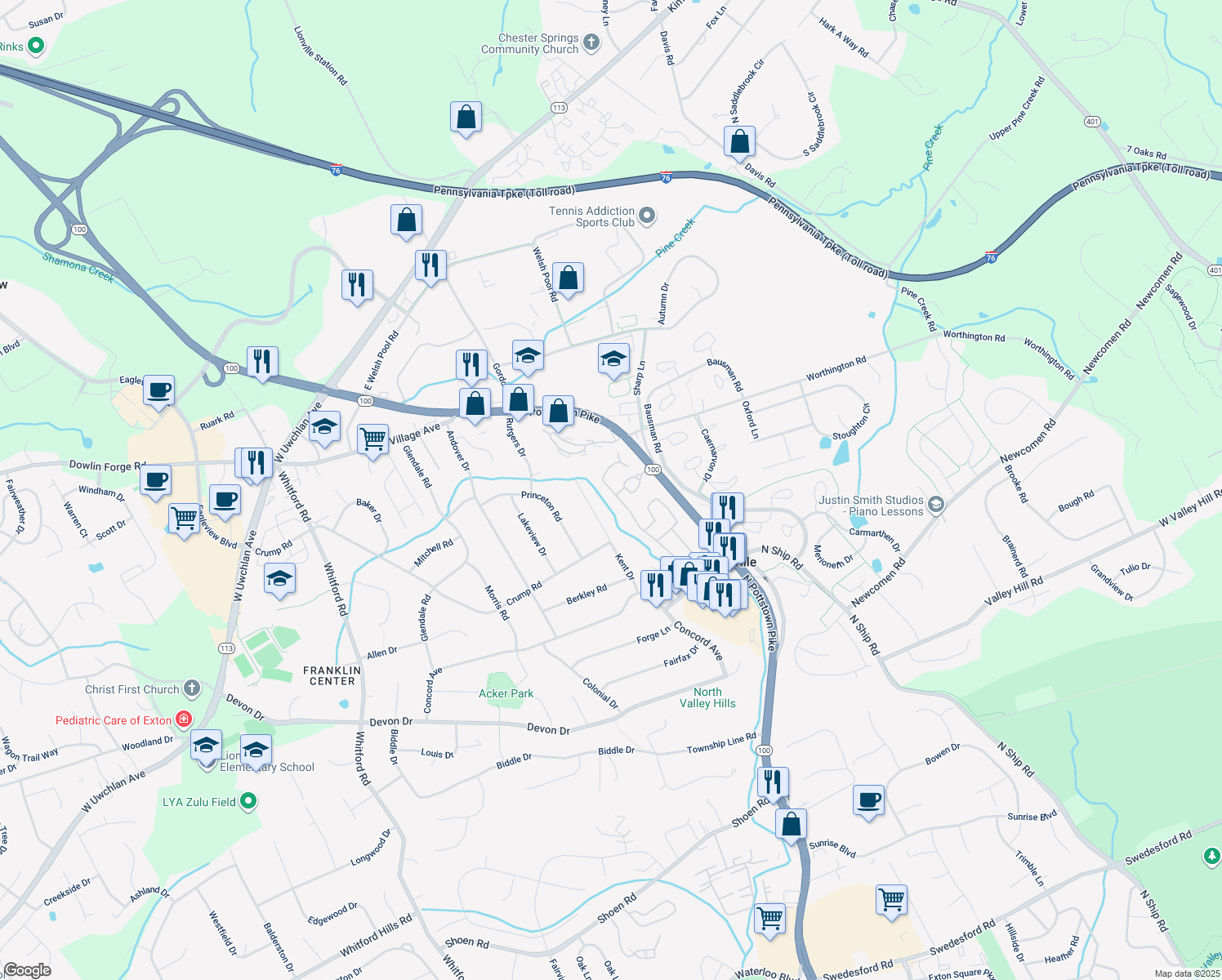 map of restaurants, bars, coffee shops, grocery stores, and more near 169 Heritage Lane in Exton