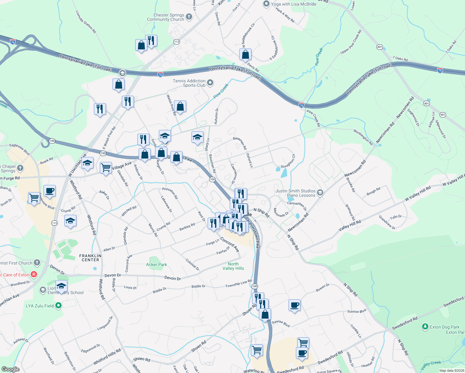 map of restaurants, bars, coffee shops, grocery stores, and more near 101 Lampeter Court in Exton