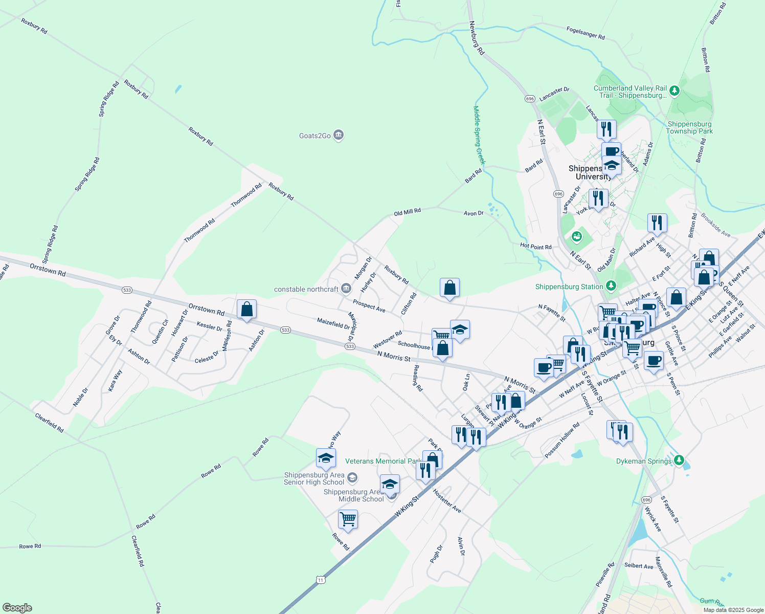 map of restaurants, bars, coffee shops, grocery stores, and more near 645 Prospect Avenue in Shippensburg