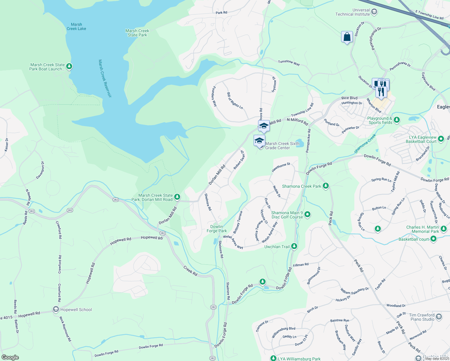 map of restaurants, bars, coffee shops, grocery stores, and more near 101 Henry Acker Circle in Downingtown