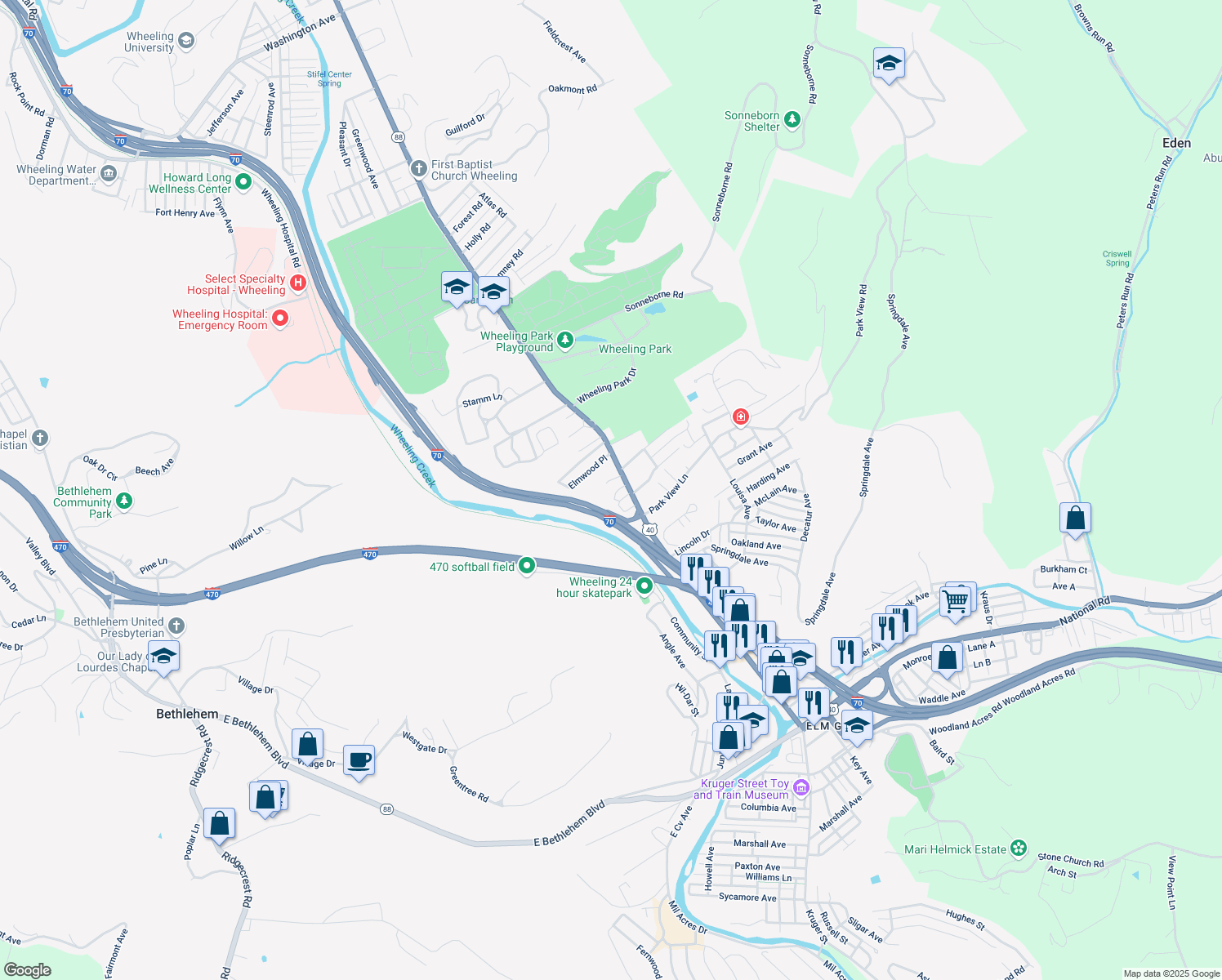 map of restaurants, bars, coffee shops, grocery stores, and more near 3 Belle Fern Pl in Wheeling