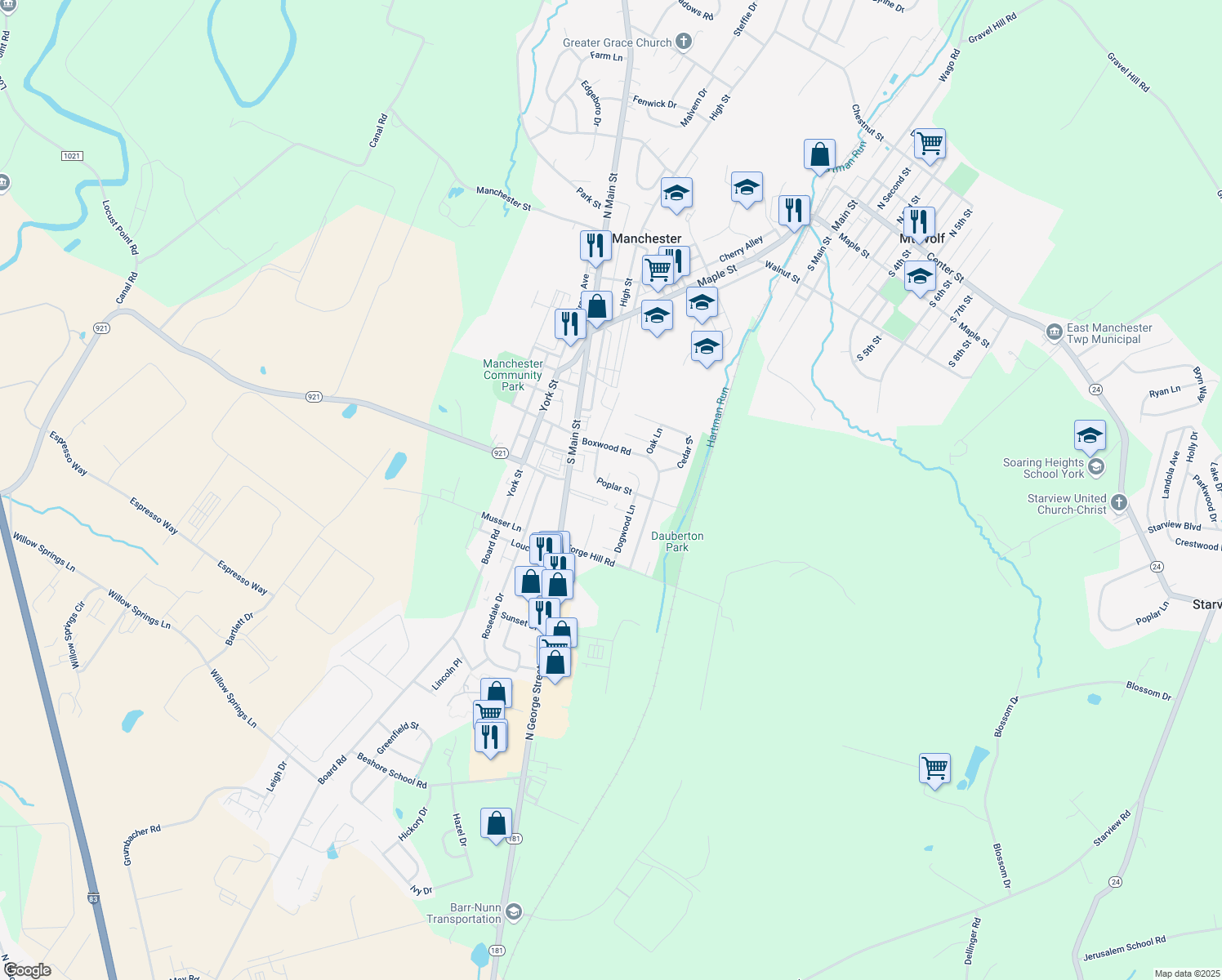 map of restaurants, bars, coffee shops, grocery stores, and more near 100 Poplar Street in Manchester