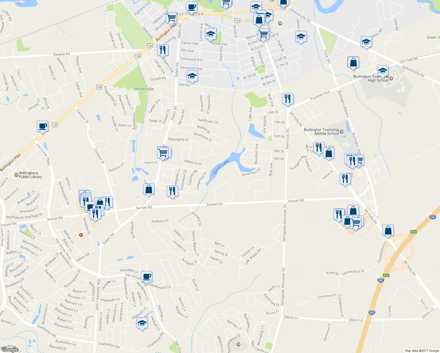 map of restaurants, bars, coffee shops, grocery stores, and more near 4 Compton Lane in Burlington