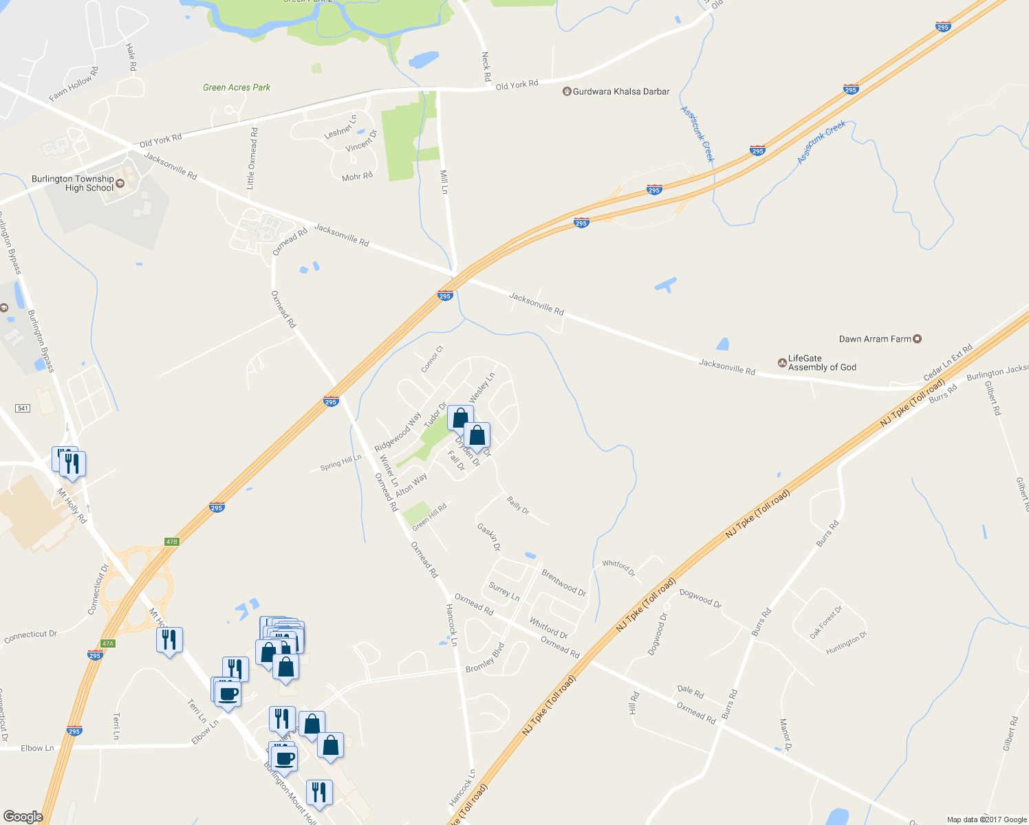 map of restaurants, bars, coffee shops, grocery stores, and more near 96 Ridgewood Way in Burlington