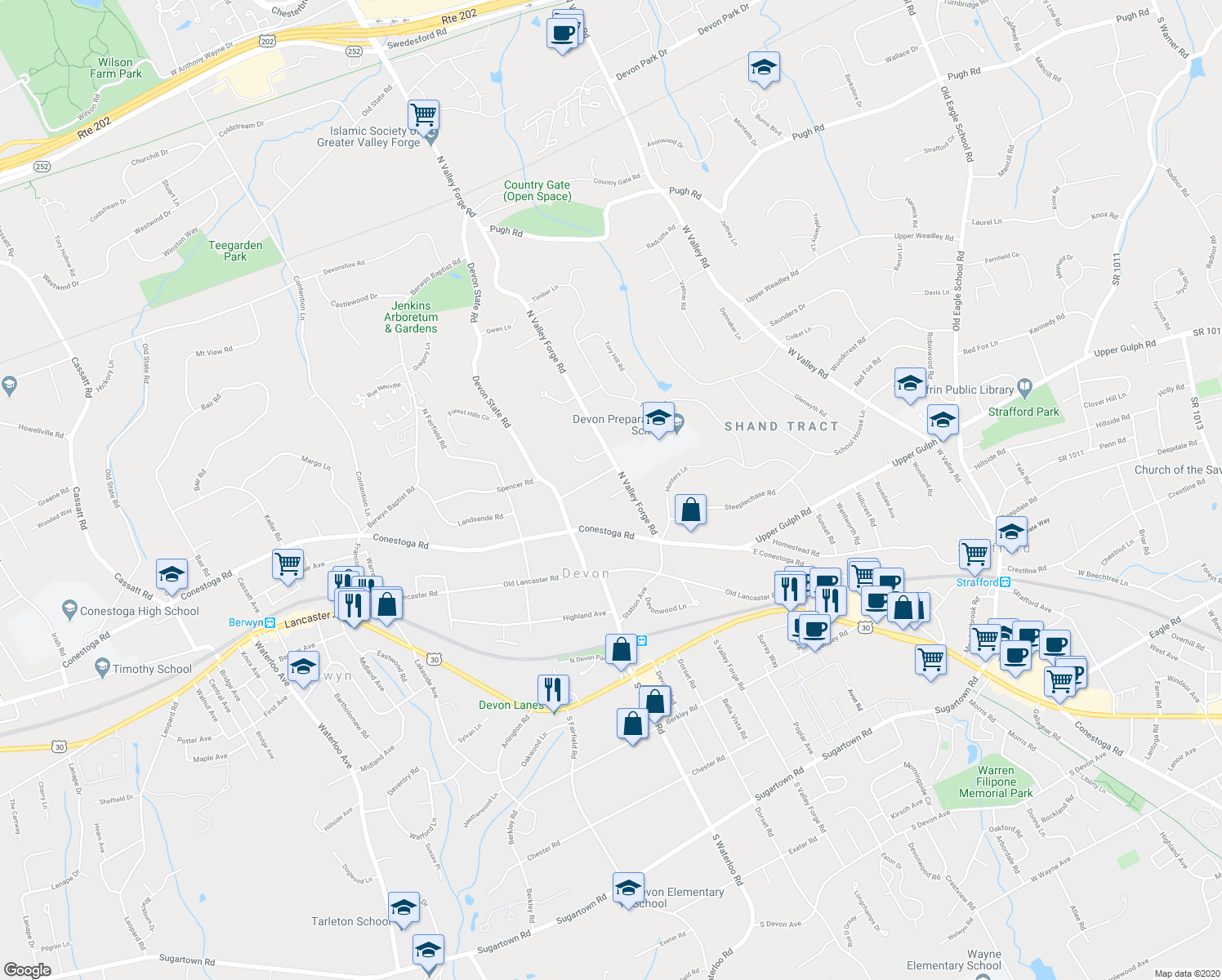 map of restaurants, bars, coffee shops, grocery stores, and more near 109 Gail Road in Devon