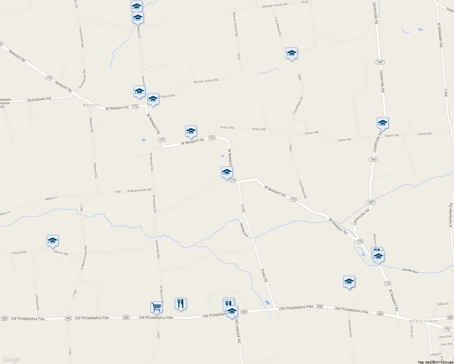 map of restaurants, bars, coffee shops, grocery stores, and more near 3272 West Newport Road in Ronks