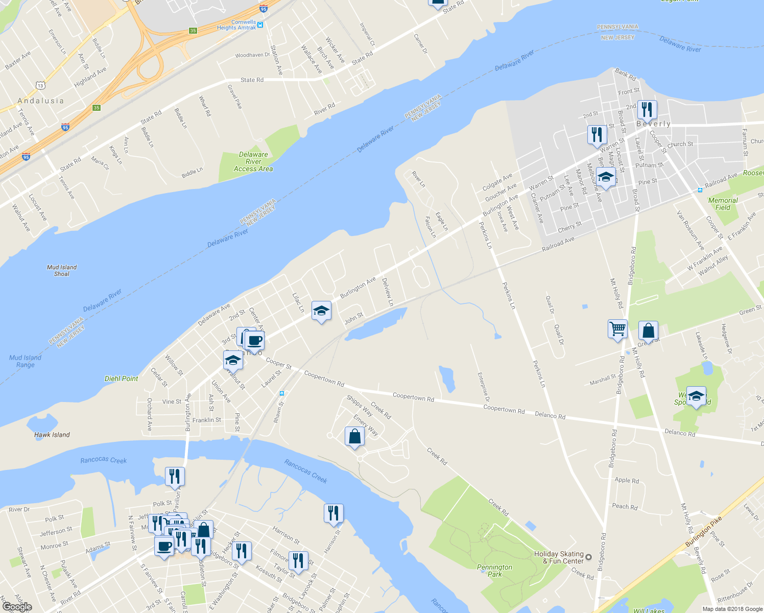 map of restaurants, bars, coffee shops, grocery stores, and more near 1900 Pennsylvania Avenue in Delanco