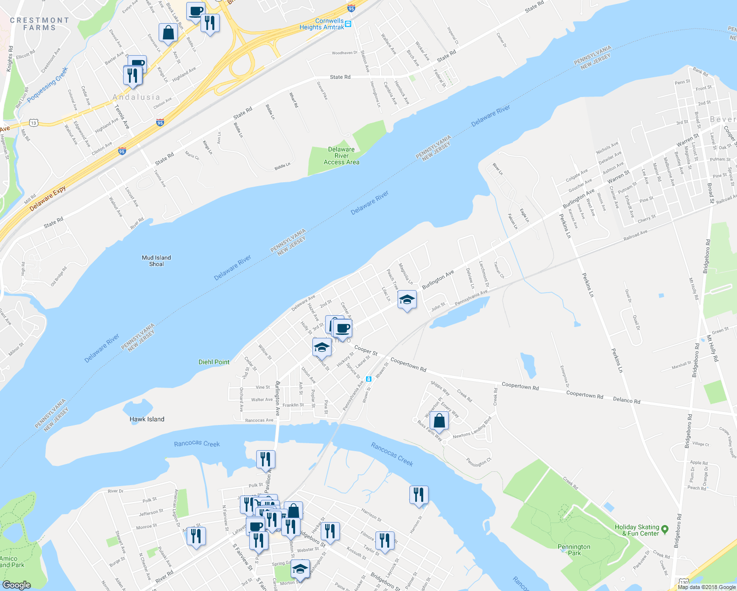 map of restaurants, bars, coffee shops, grocery stores, and more near 235 Maple Avenue in Delanco