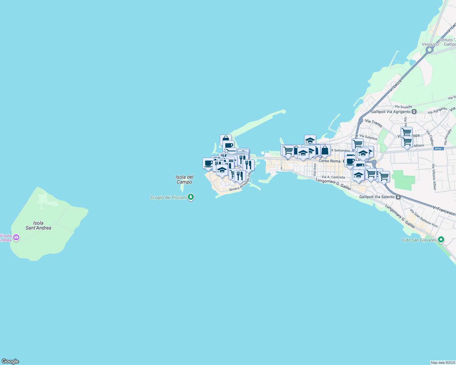 map of restaurants, bars, coffee shops, grocery stores, and more near 45 Riviera Armando Diaz in Gallipoli