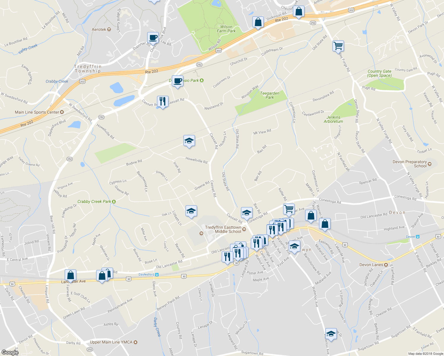 map of restaurants, bars, coffee shops, grocery stores, and more near 813 Old State Road in Berwyn