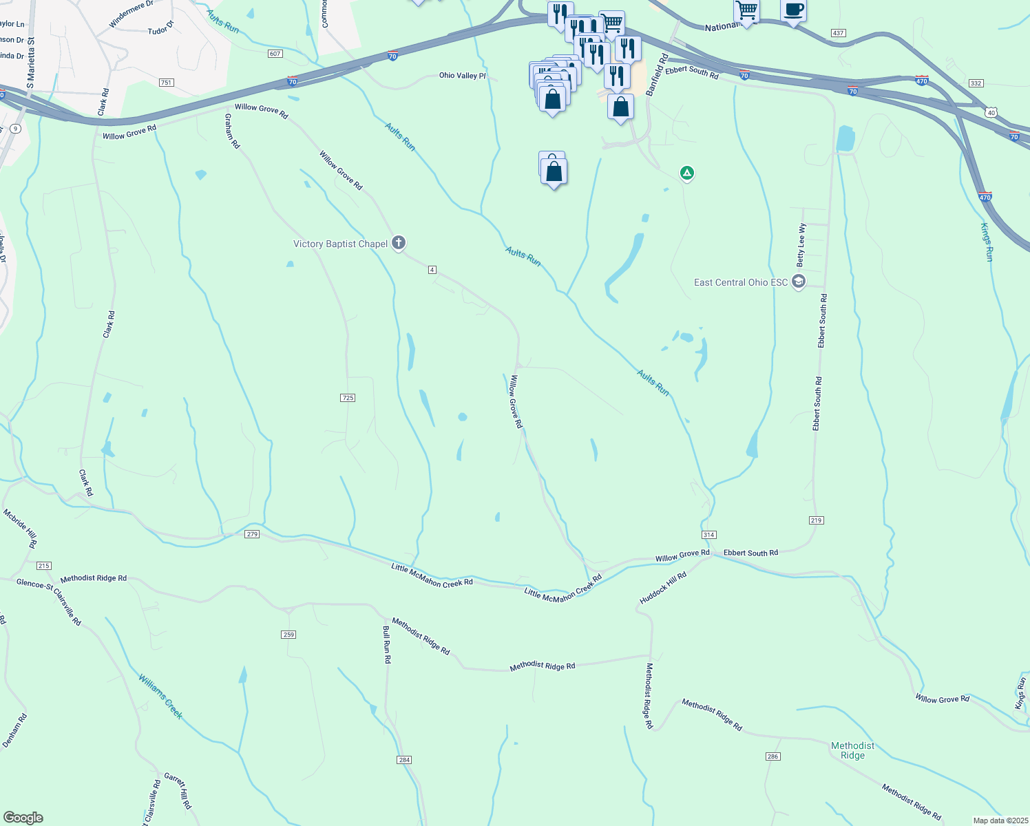 map of restaurants, bars, coffee shops, grocery stores, and more near 66860 Willow Grove Road in Saint Clairsville