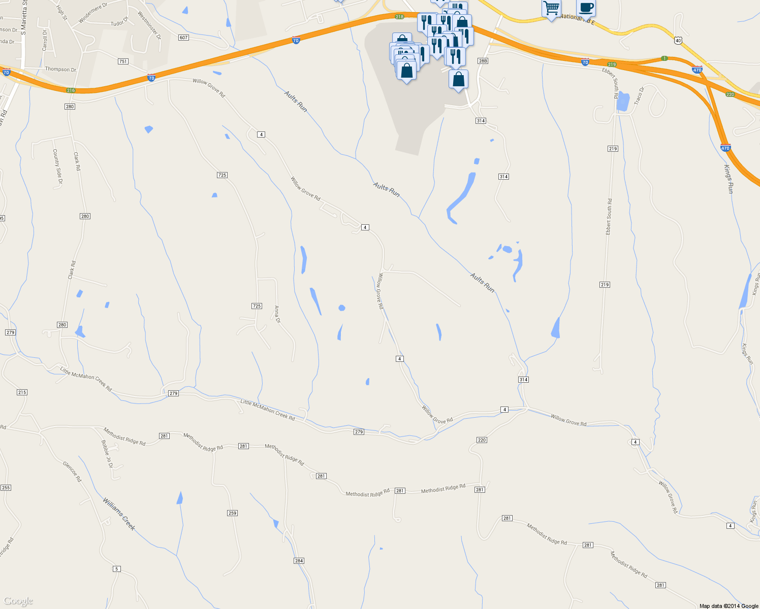 map of restaurants, bars, coffee shops, grocery stores, and more near 66860 Willow Grove Road in Saint Clairsville