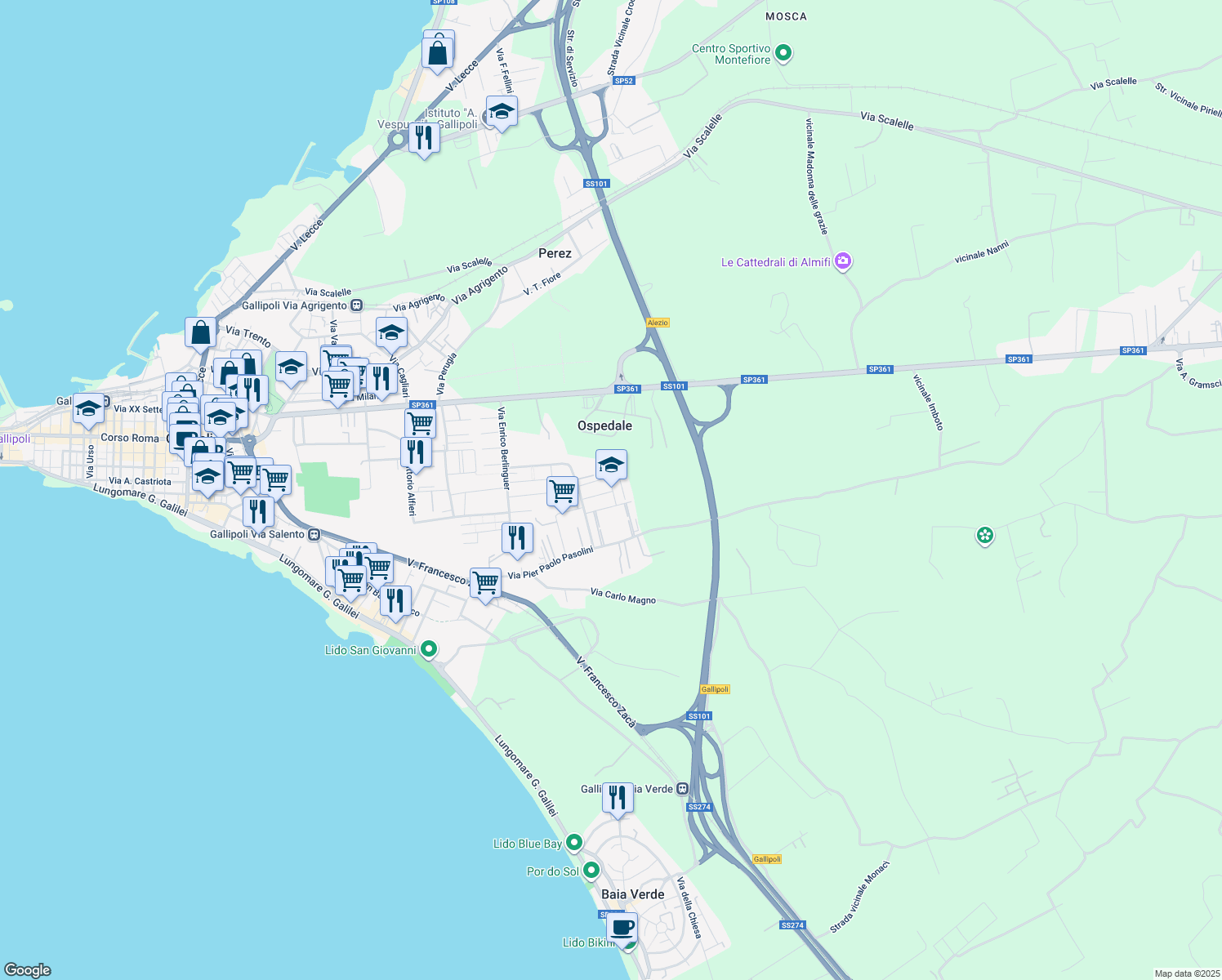 map of restaurants, bars, coffee shops, grocery stores, and more near 35 Via Eugenio Montale in Gallipoli