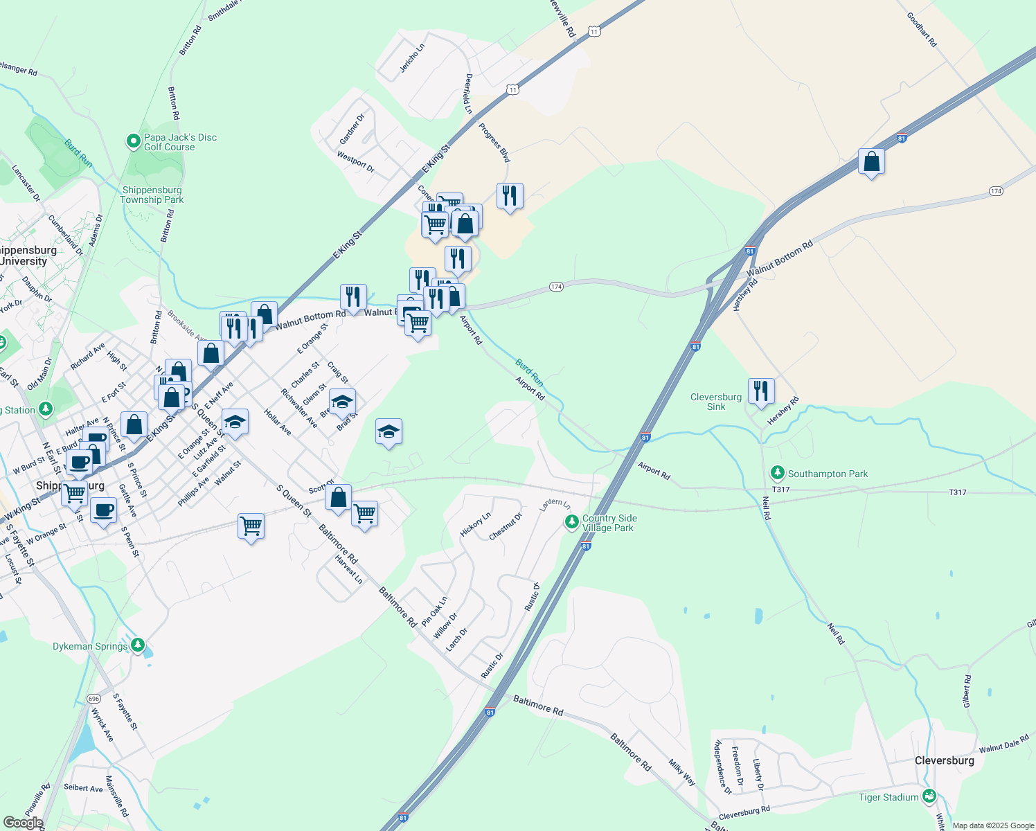 map of restaurants, bars, coffee shops, grocery stores, and more near 19 Burke Drive in Shippensburg