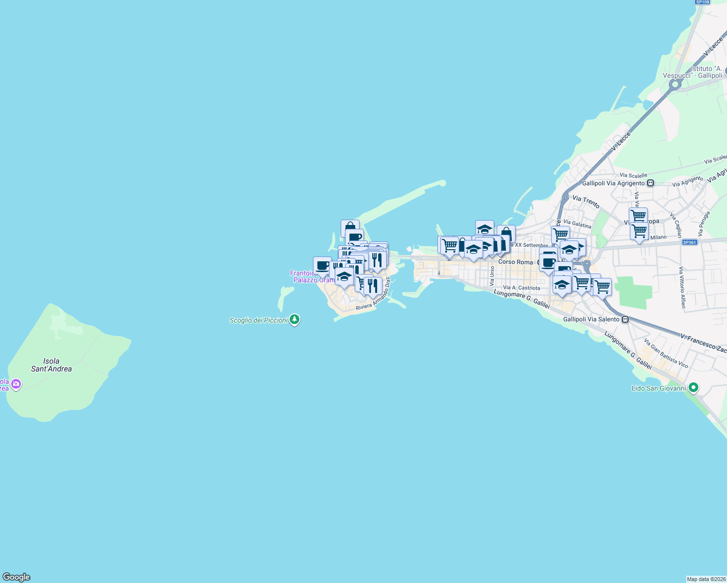 map of restaurants, bars, coffee shops, grocery stores, and more near 13 Via Cesare Battisti in Gallipoli